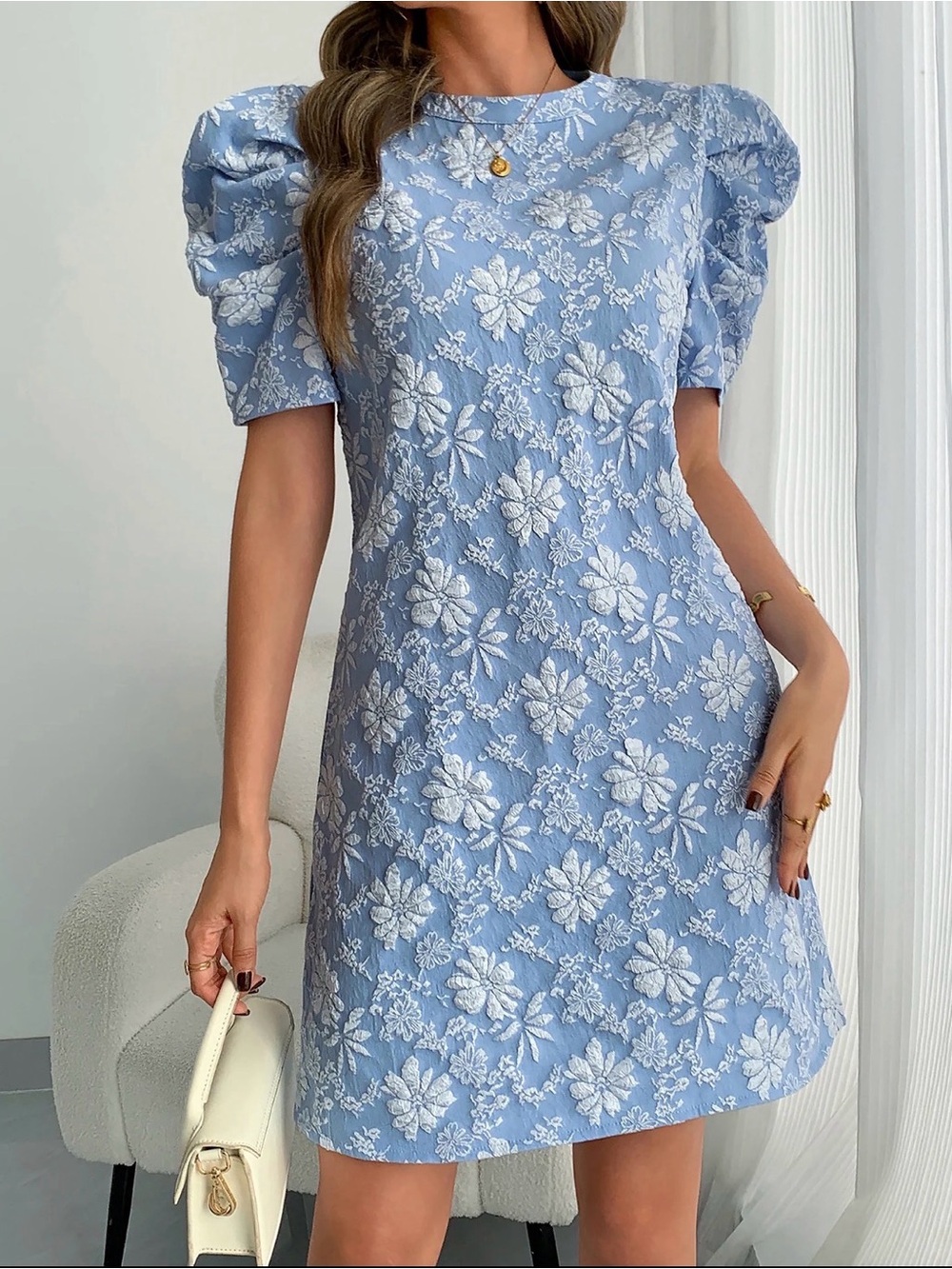 Blue Floral Puff-Sleeve Mini Dress